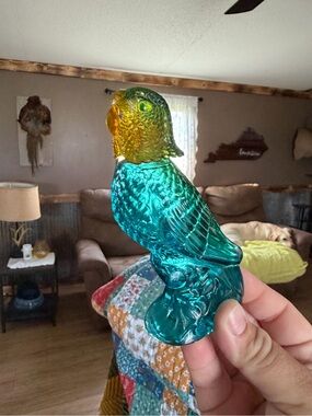 Teal and Amber Glass Parrot Figurine - Decorative Bird Collectible Avon